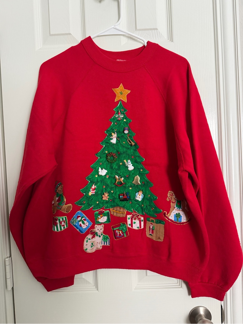 Vintage Tultex Christmas Sweatshirt L 3D Ornament Tree Appliqué Red 90